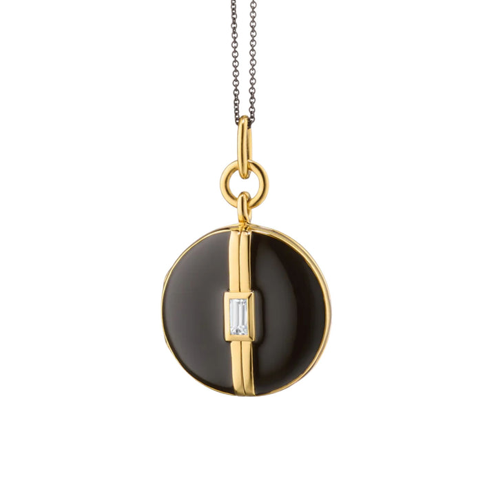 Sterling Silver/18k Gold Vermeil Round Locket w/ Black Enamel & White Sapphire on 17" Chain