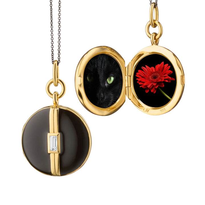 Sterling Silver/18k Gold Vermeil Round Locket w/ Black Enamel & White Sapphire on 17" Chain