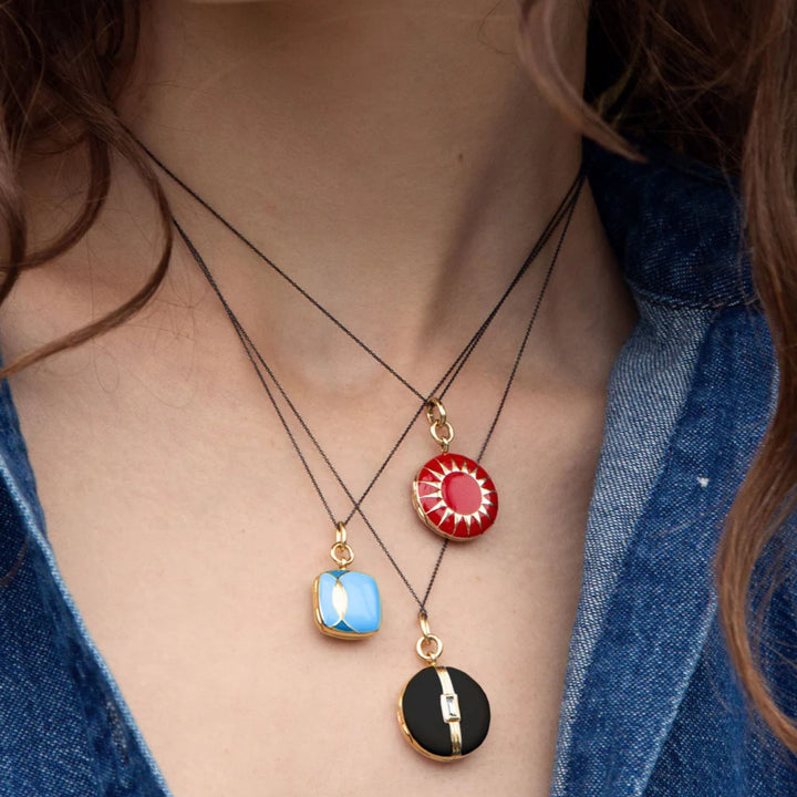 Sterling Silver/18k Gold Vermeil Round Locket w/ Black Enamel & White Sapphire on 17" Chain