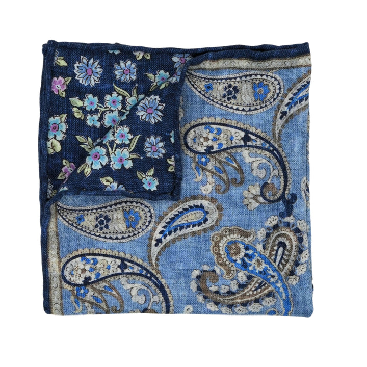 Reversible Pocket Square in Blue Paisley / Floral Print