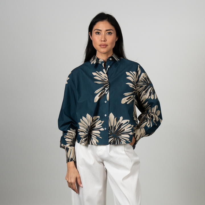 Cropped Abstract Dahlias Print Poplin Blouse