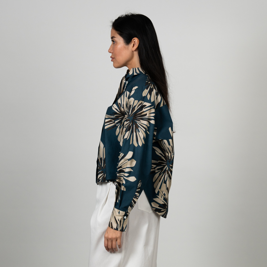 Cropped Abstract Dahlias Print Poplin Blouse