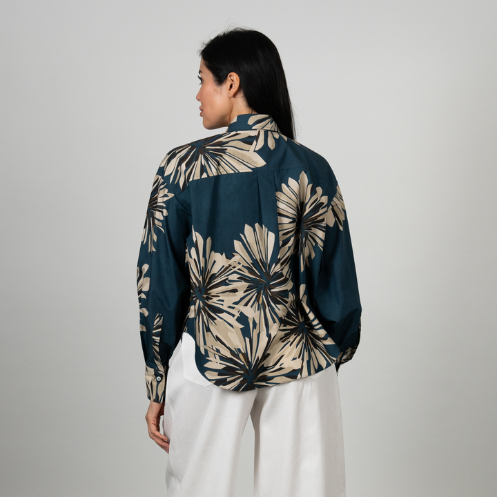 Cropped Abstract Dahlias Print Poplin Blouse