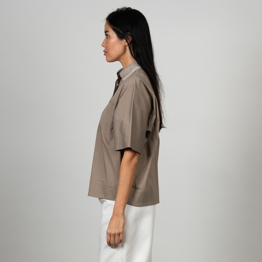 Poplin Stretch Knitted and Shiny Collar Shirt