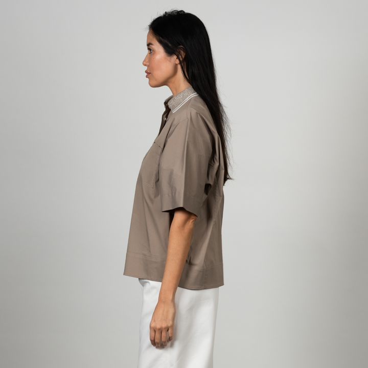 Poplin Stretch Knitted and Shiny Collar Shirt