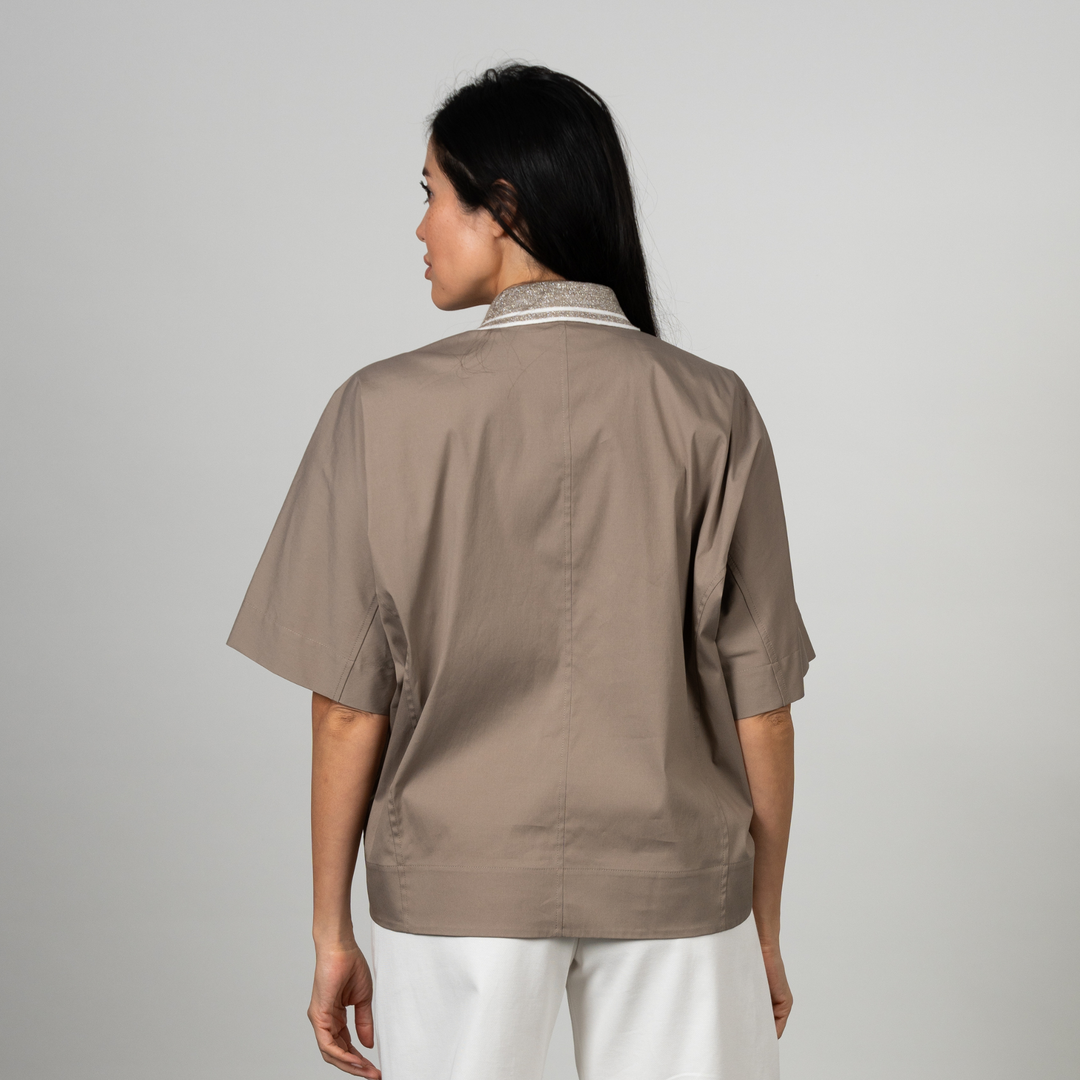 Poplin Stretch Knitted and Shiny Collar Shirt