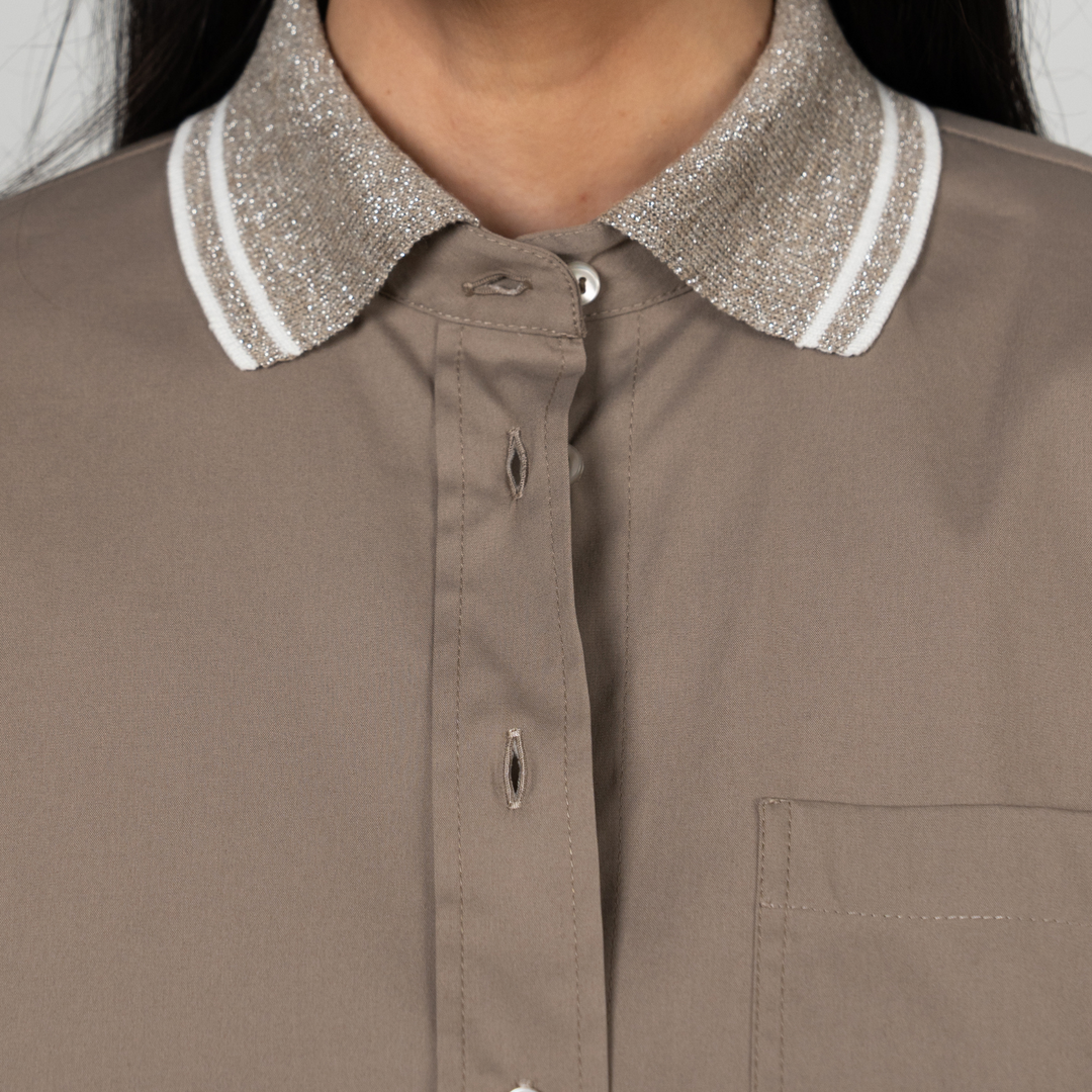 Poplin Stretch Knitted and Shiny Collar Shirt