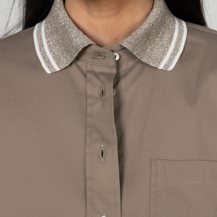 Poplin Stretch Knitted and Shiny Collar Shirt
