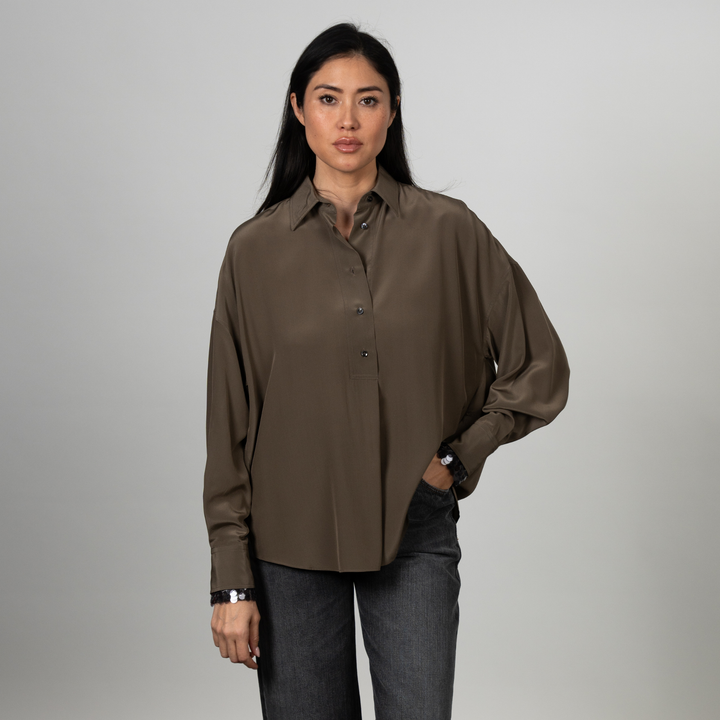Crepe de Chine Blouse with Dotted Embroidered Cuffs
