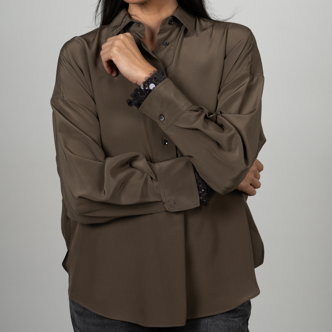 Crepe de Chine Blouse with Dotted Embroidered Cuffs