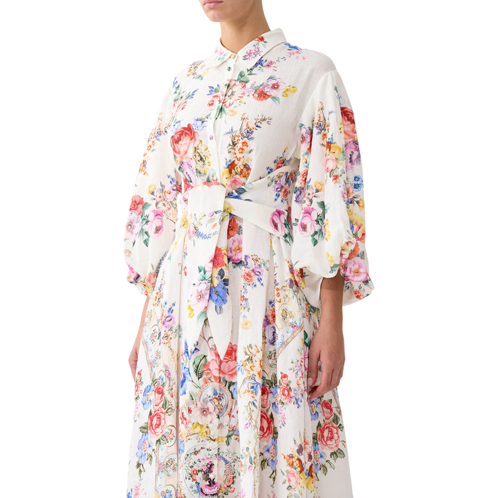 Waist Tie Shirt Dress With Bubble Sleeve