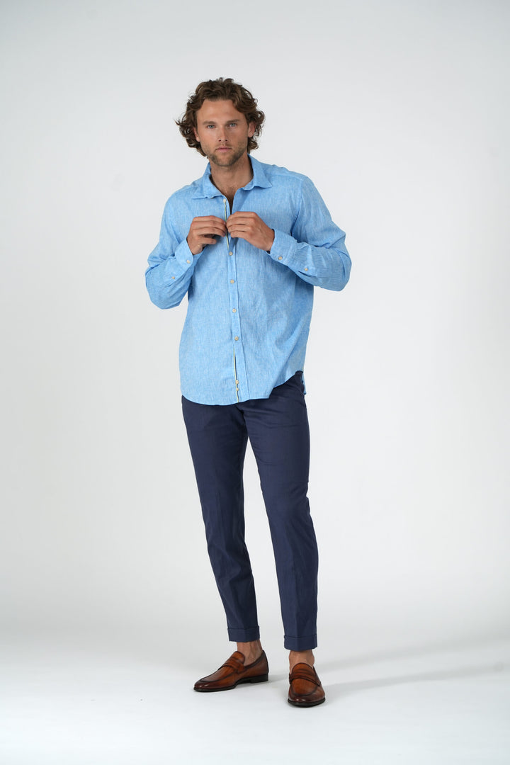 Sky Blue Cotton Linen Sport Shirt
