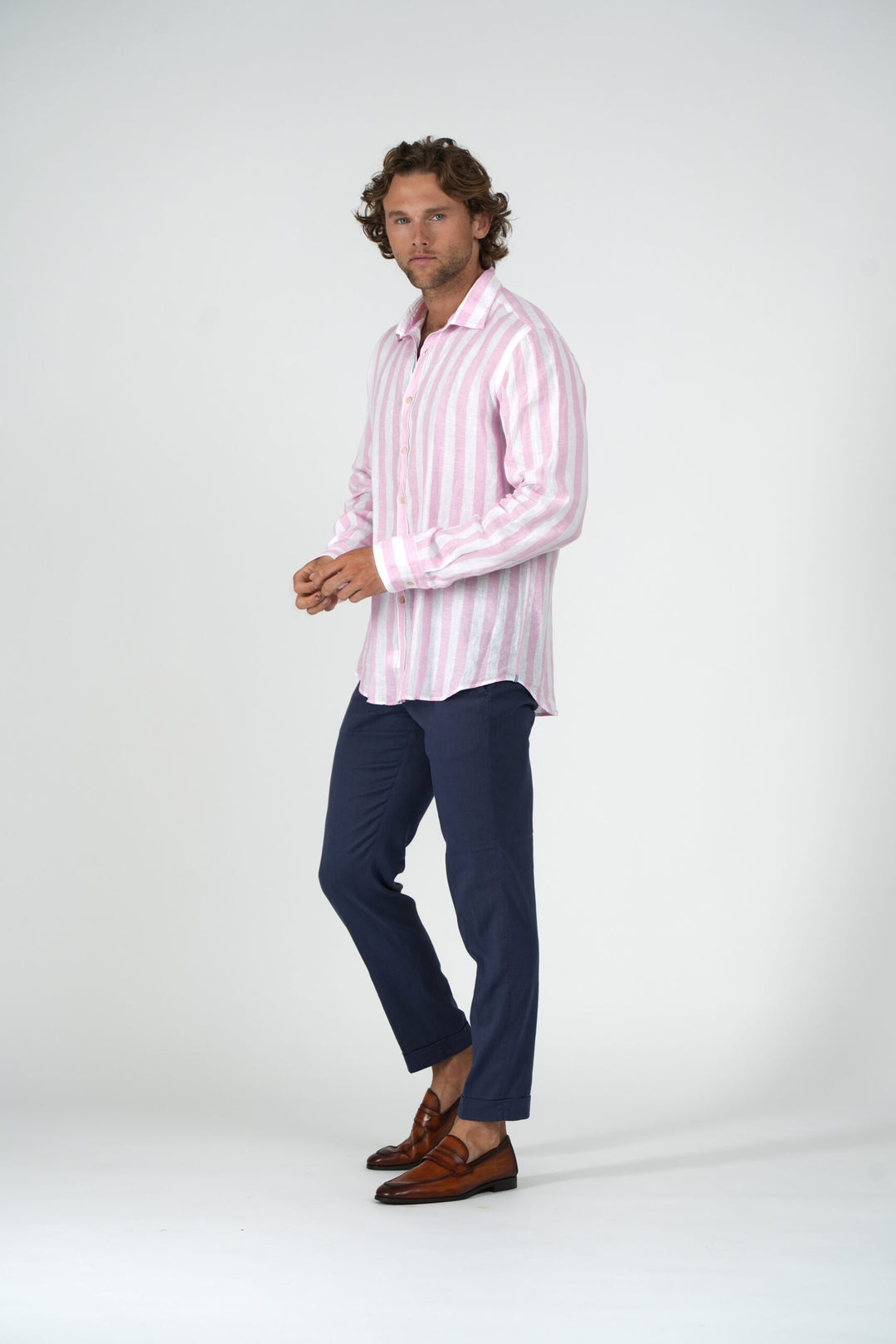 Pink and White Wide Stripe Linen Sport Shirt