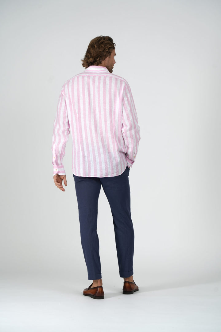 Pink and White Wide Stripe Linen Sport Shirt