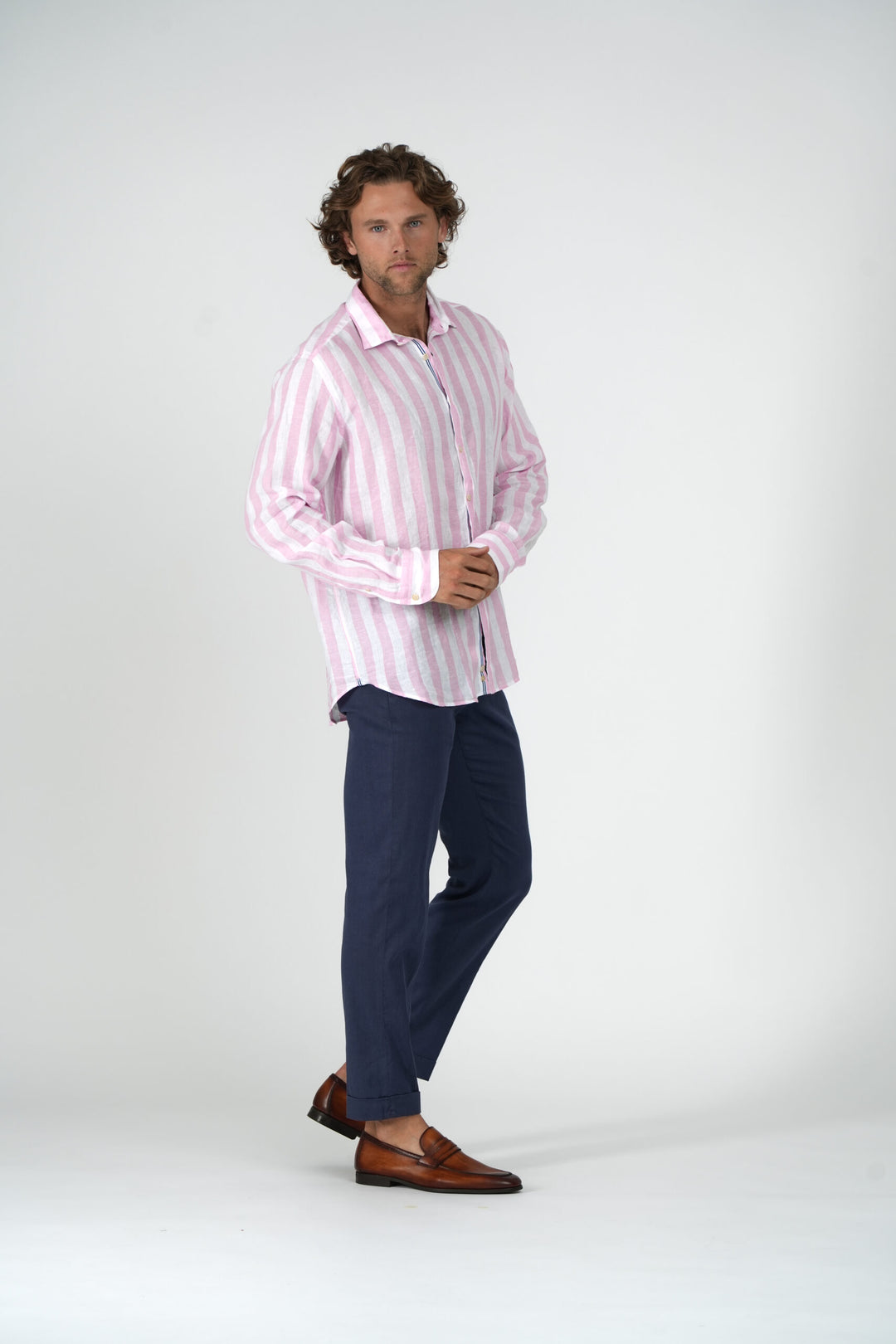Pink and White Wide Stripe Linen Sport Shirt