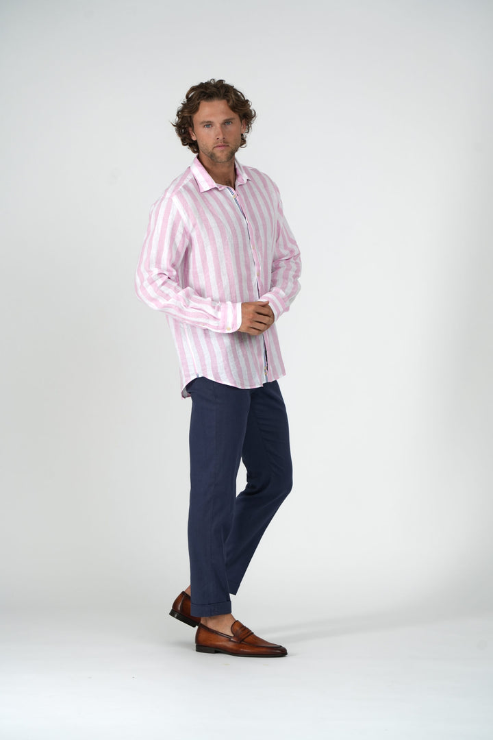 Pink and White Wide Stripe Linen Sport Shirt