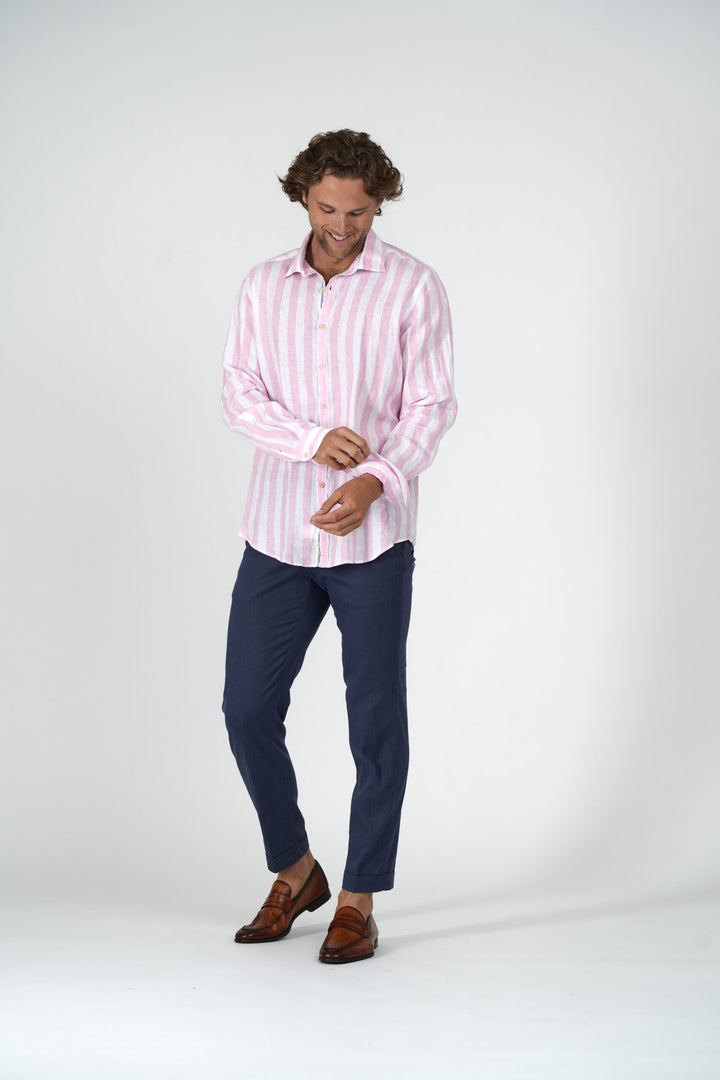 Pink and White Wide Stripe Linen Sport Shirt