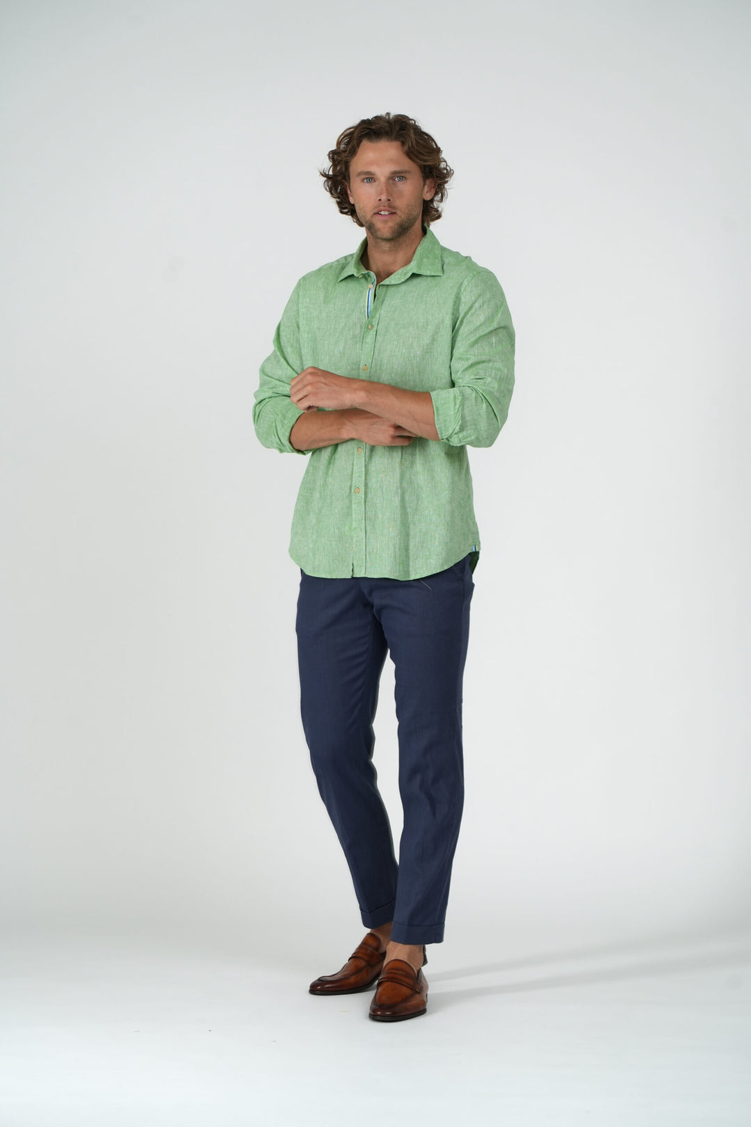 Green Cotton Linen Sport Shirt