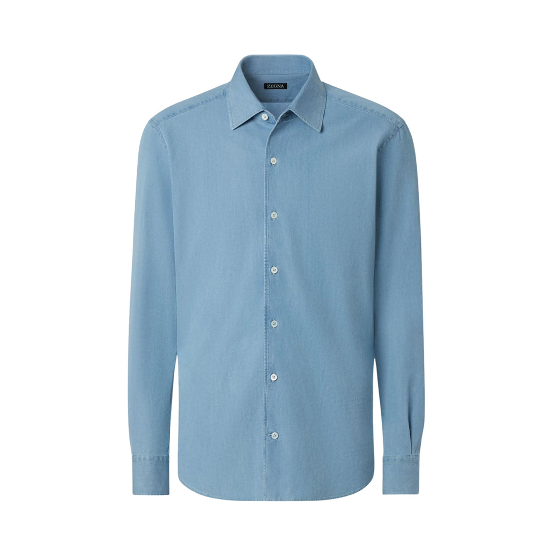 Long Sleeve Denim Shirt in Bleached Light Blue
