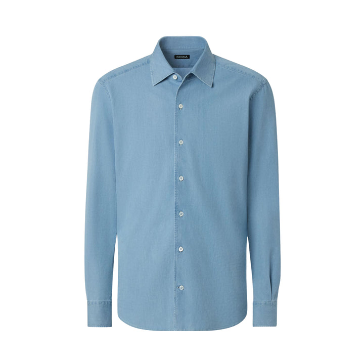 Long Sleeve Denim Shirt in Bleached Light Blue
