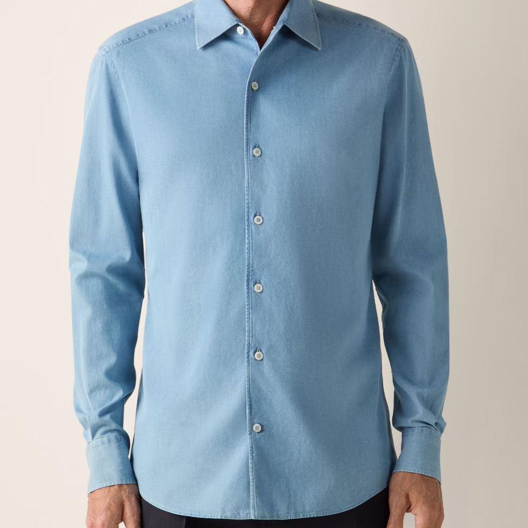 Long Sleeve Denim Shirt in Bleached Light Blue