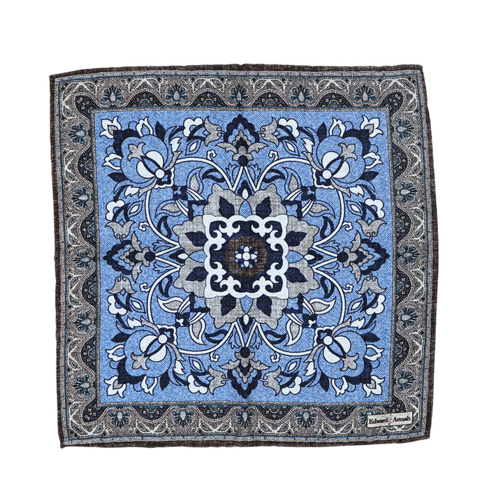 Edward Armah Reversible Pocket Square in Denim Floral Vine / Herringbone Print