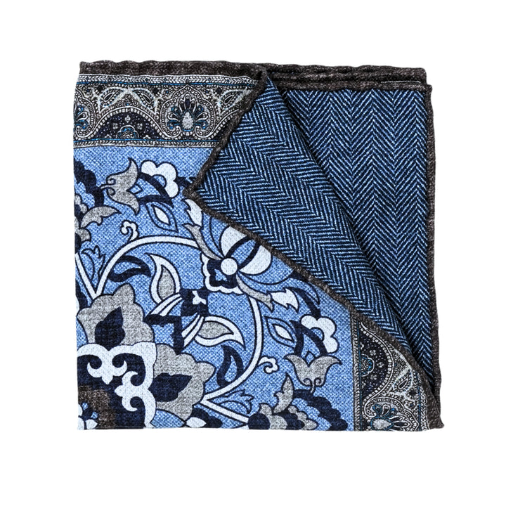 Edward Armah Reversible Pocket Square in Denim Floral Vine / Herringbone Print