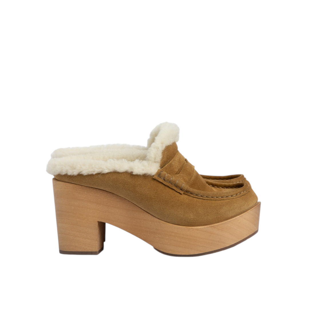 Dem Clog in Alpaca Velour-Shearling-Light Wood