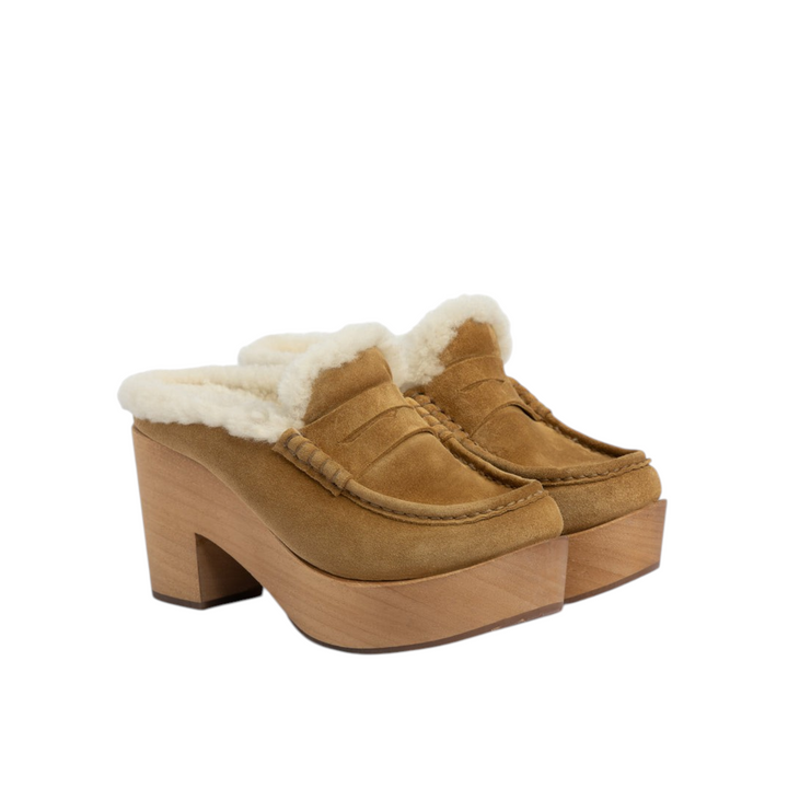 Dem Clog in Alpaca Velour-Shearling-Light Wood