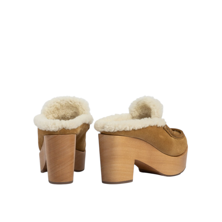 Dem Clog in Alpaca Velour-Shearling-Light Wood