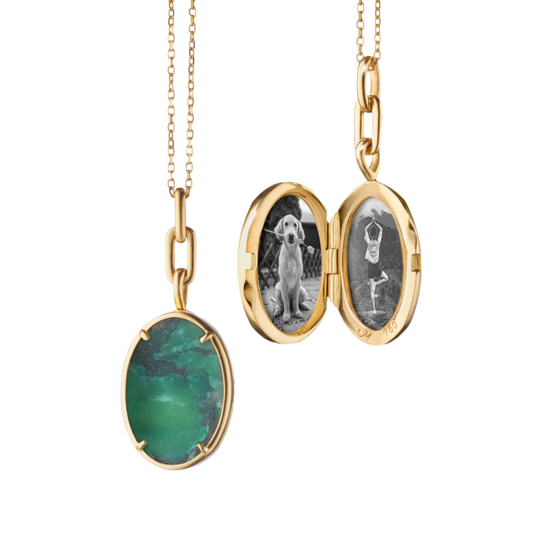 "Elle" 18K Gold AVENTURINE OVAL LOCKET ON 17" CHAIN