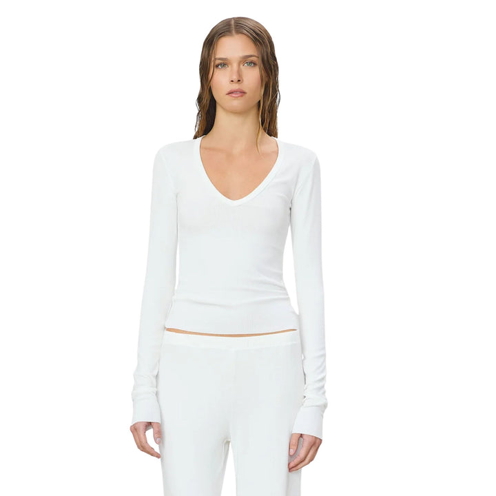 Long Sleeve V-Neck Top, White