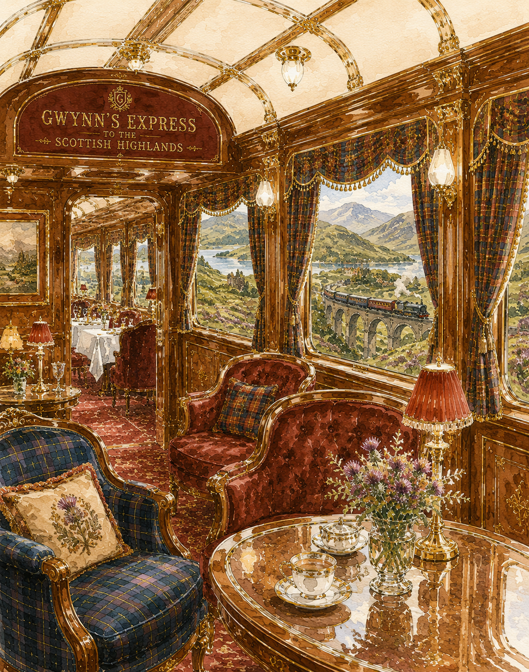 Gwynn’s Express to the Scottish Highlands immersive luxury train interior inspired by Highland landscapes, heritage tartans, and classic European travel.