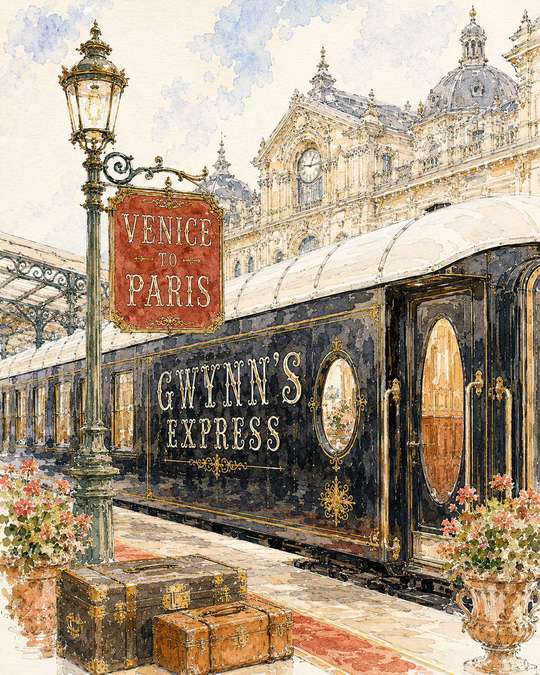 Gwynn’s Express Venice to Paris luxury travel-inspired display featuring a vintage train carriage, European station architecture, and timeless destination elegance.