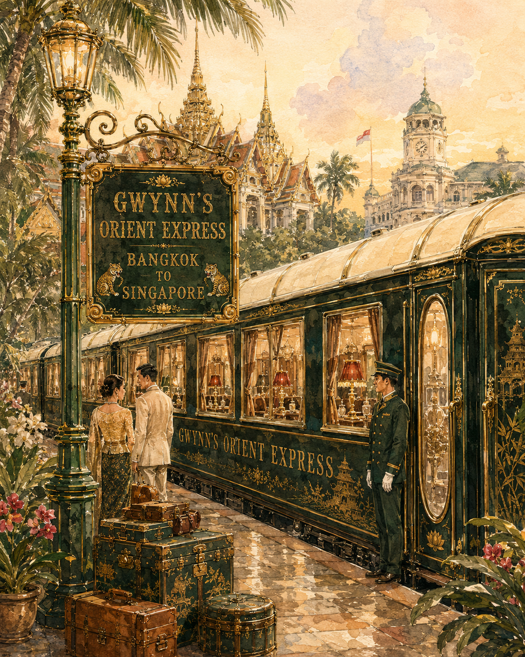 Gwynn’s Orient Express Bangkok to Singapore luxury destination experience featuring Southeast Asian architecture, tropical gardens, and timeless grand travel.
