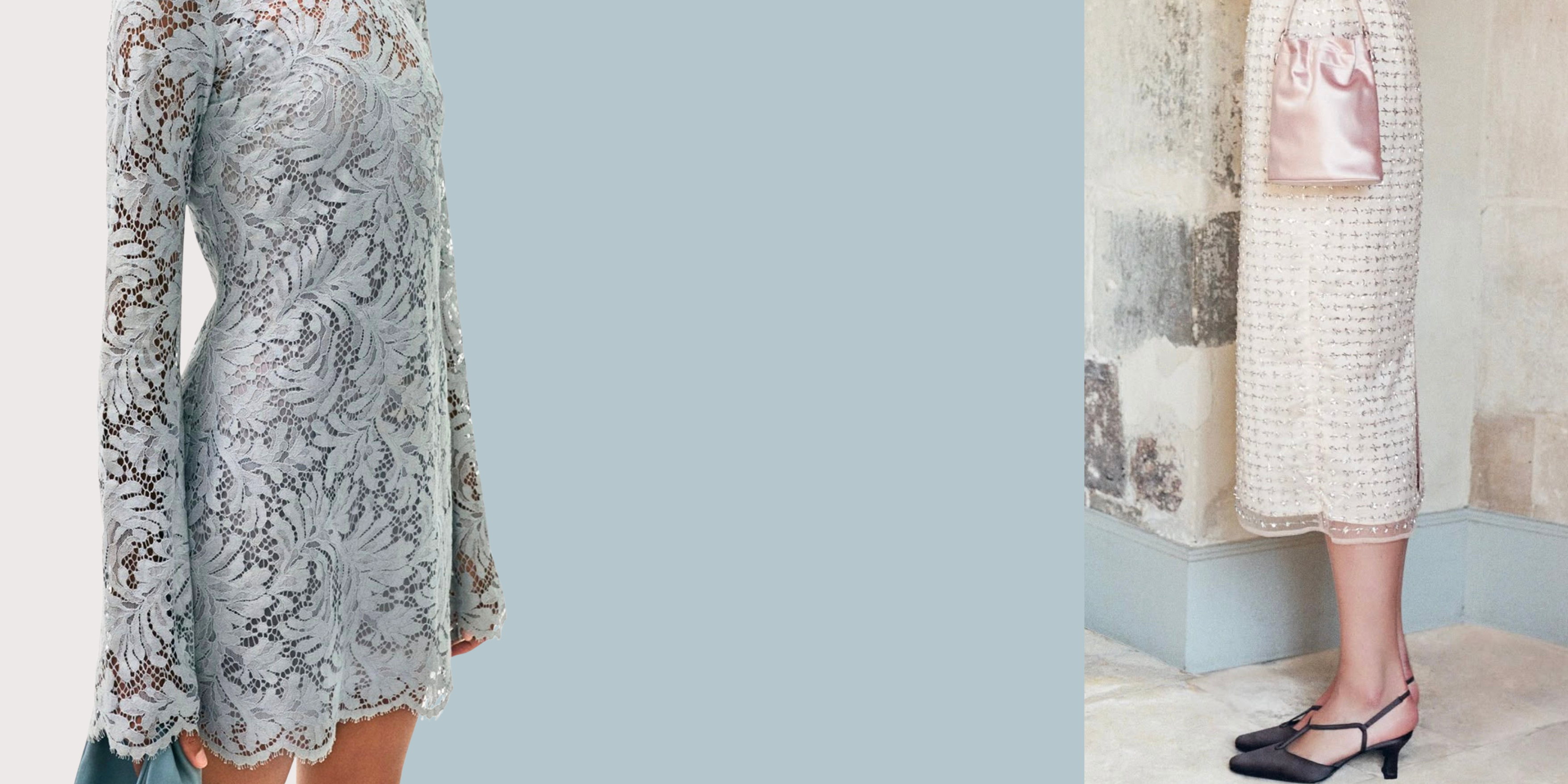 Two women wearing patterned dresses in a room with light blue walls.