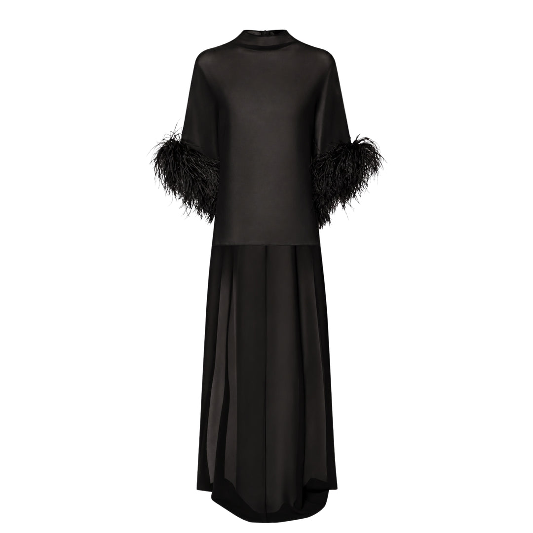 Georgette High Low Mock Neck Top With Feathers