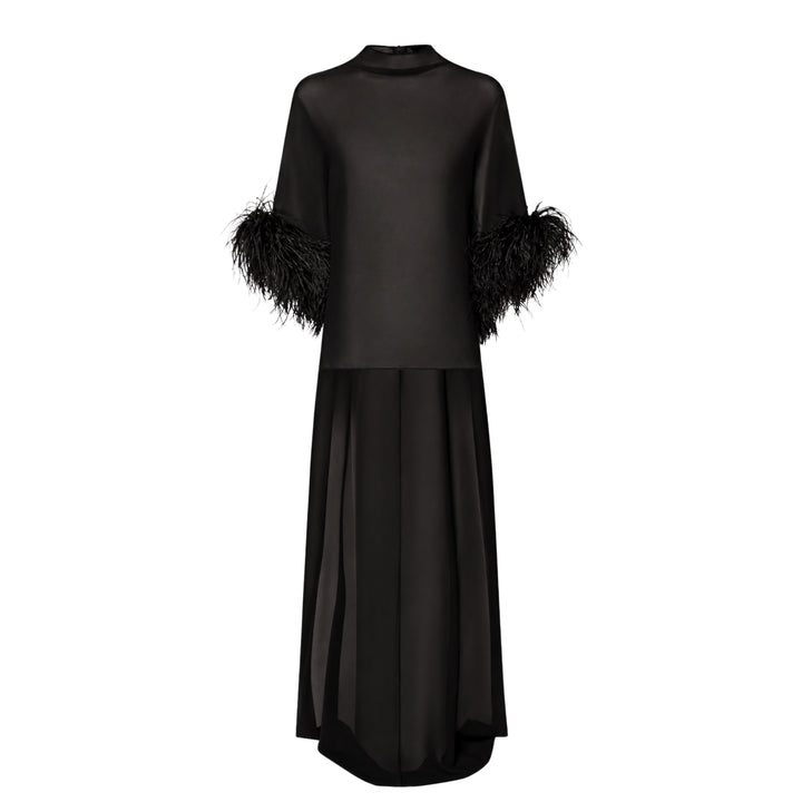 Georgette High Low Mock Neck Top With Feathers