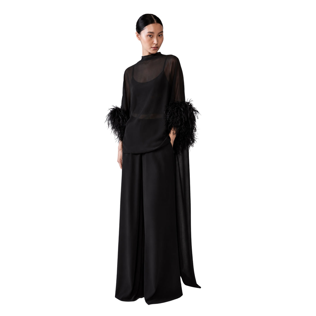Georgette High Low Mock Neck Top With Feathers