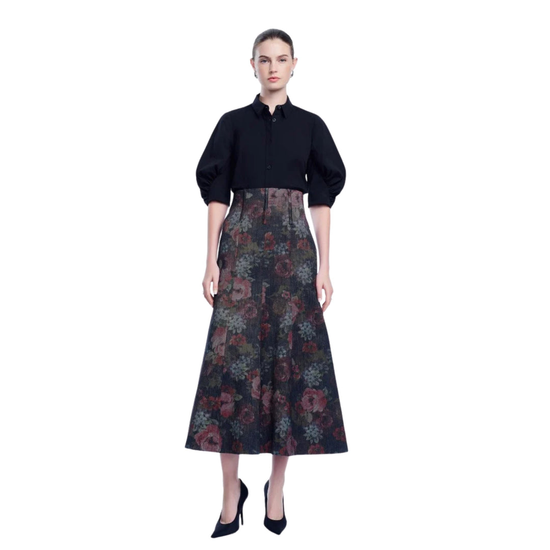 Floral Denim Trumpet Skirt