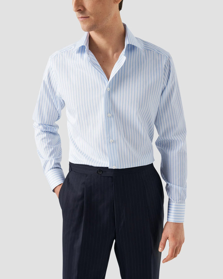 Light Blue Striped Elevated Contemporary Satin Shirt