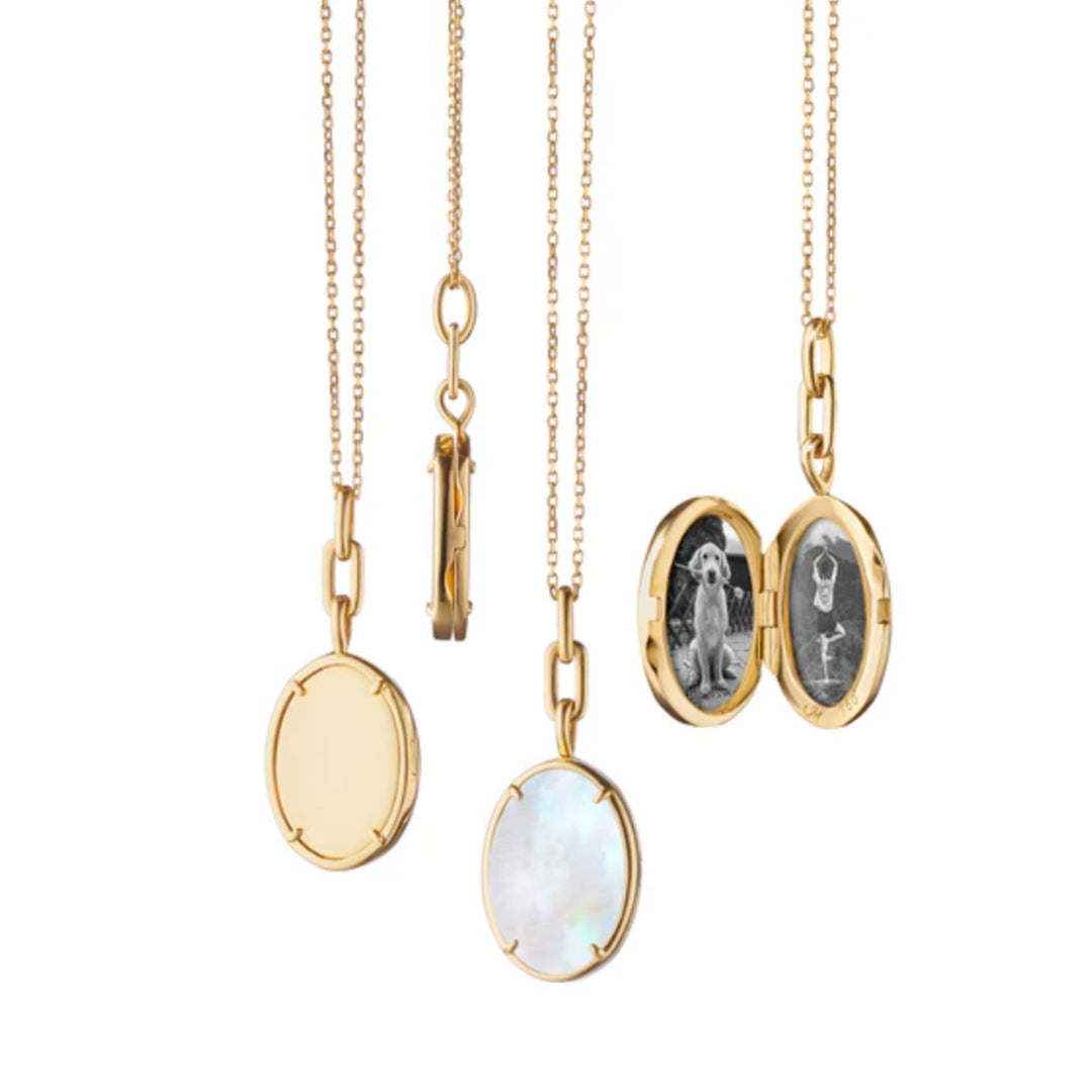 18k Yg Oval Locket w/ MOP Stone Slice on 17" Chain