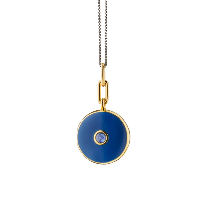 Sterling Silver/18k Gold Vermeil Round Locket w/ Navy Enamel and Blue Sapphire on 17" Chain
