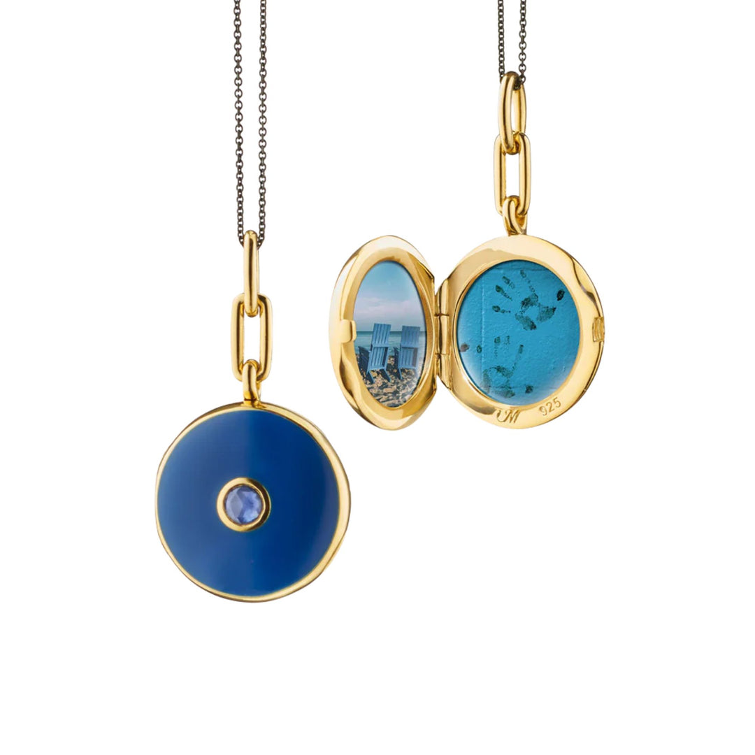 Sterling Silver/18k Gold Vermeil Round Locket w/ Navy Enamel and Blue Sapphire on 17" Chain