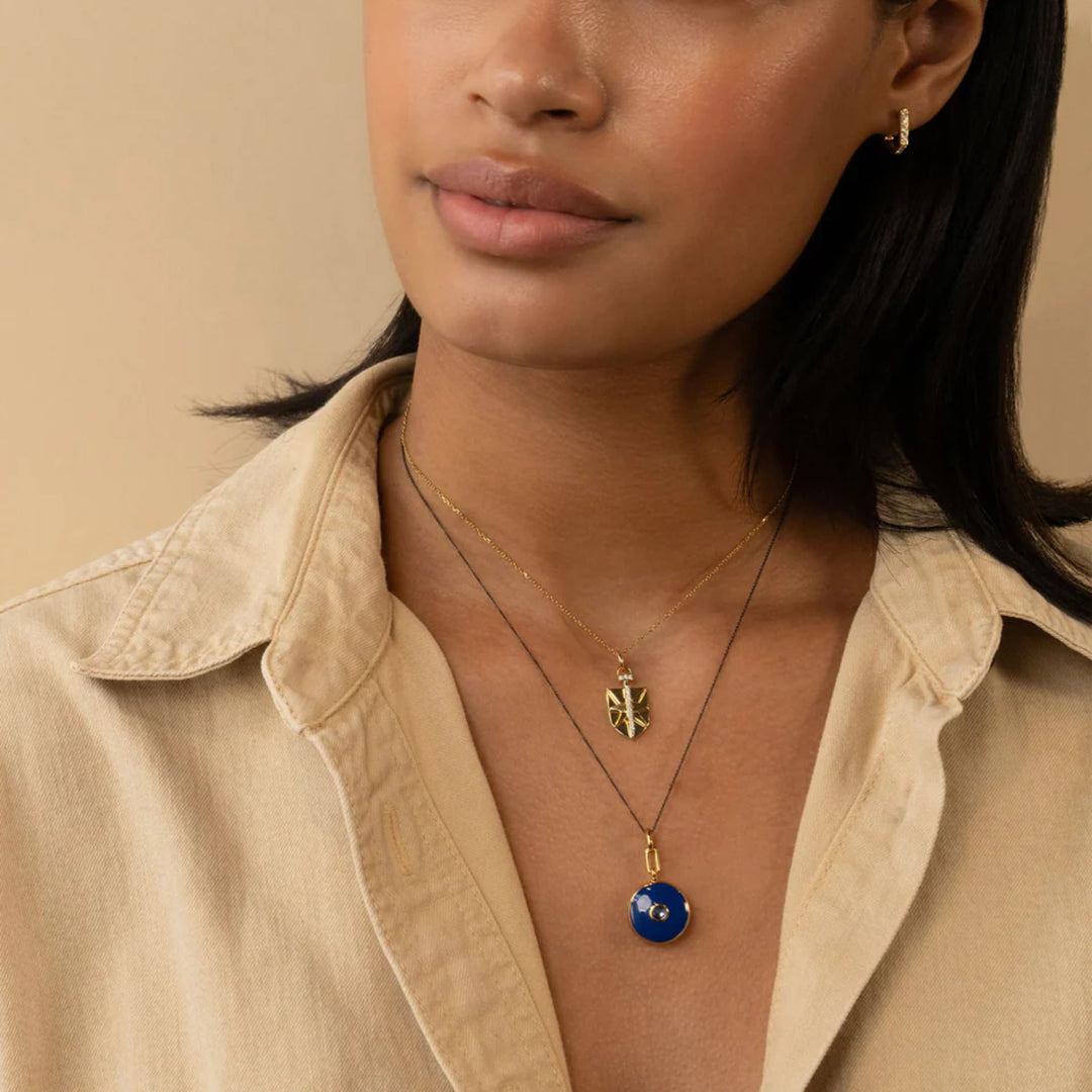 Sterling Silver/18k Gold Vermeil Round Locket w/ Navy Enamel and Blue Sapphire on 17" Chain