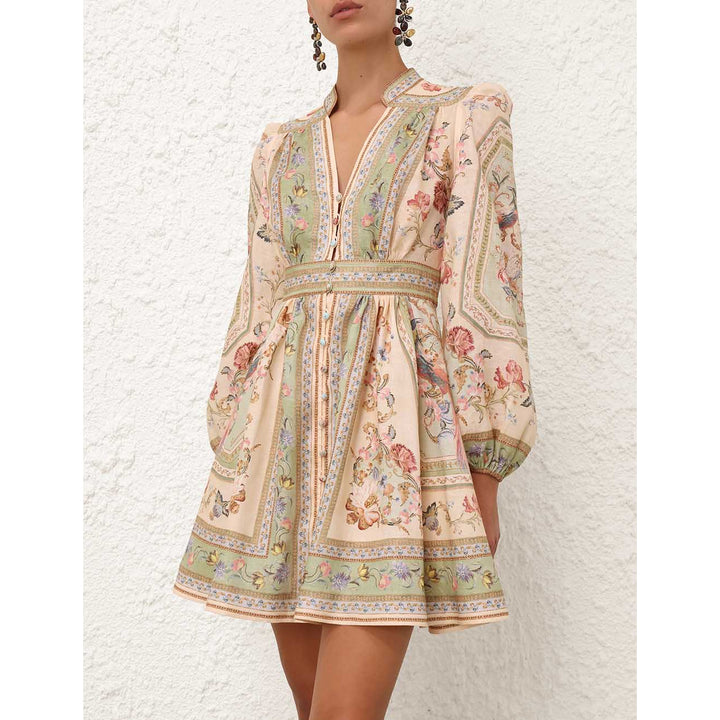 Roselight Plunge Mini Dress in Sage Tapestry Floral