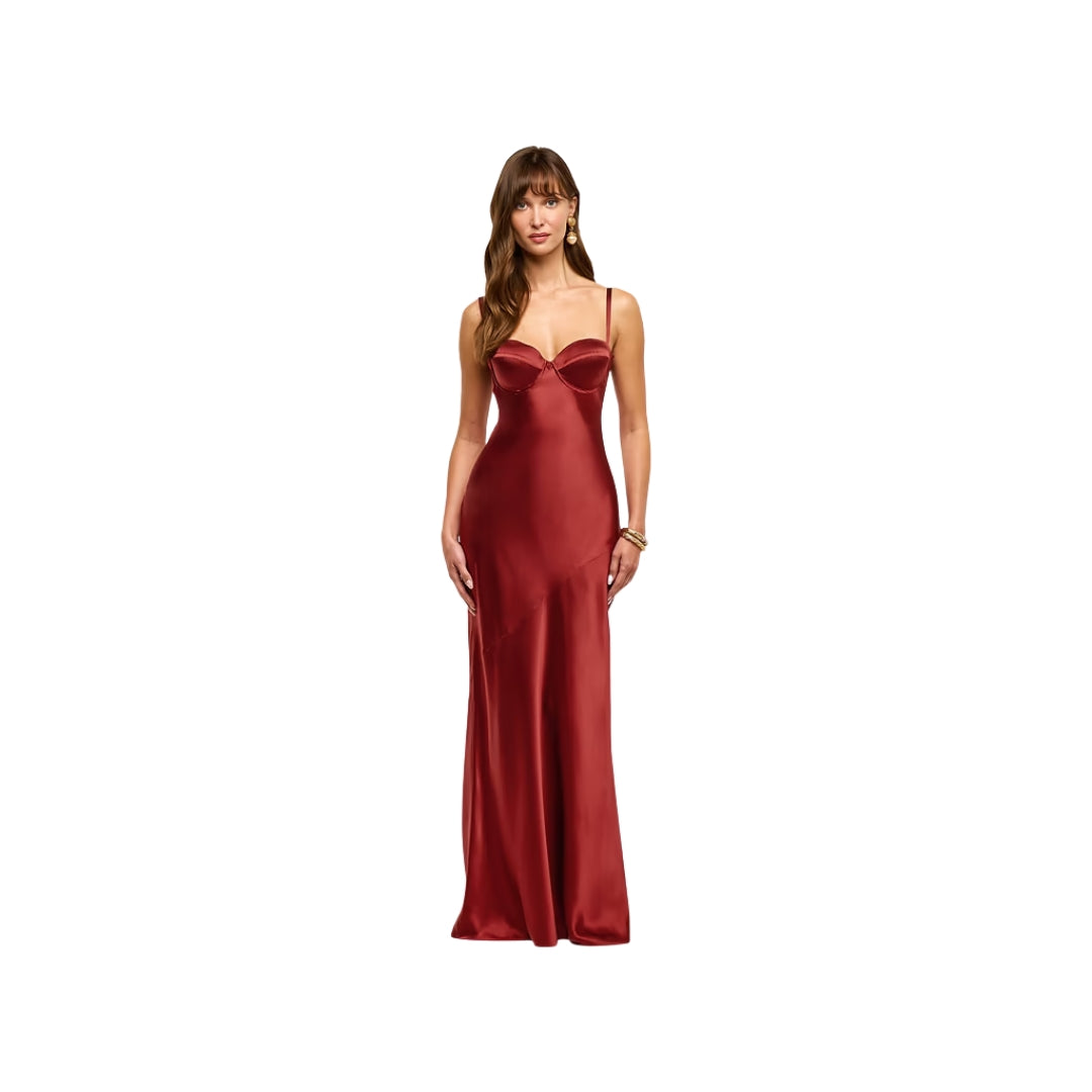 Sayla Bias Cut Maxi Silk Gown in Carmine