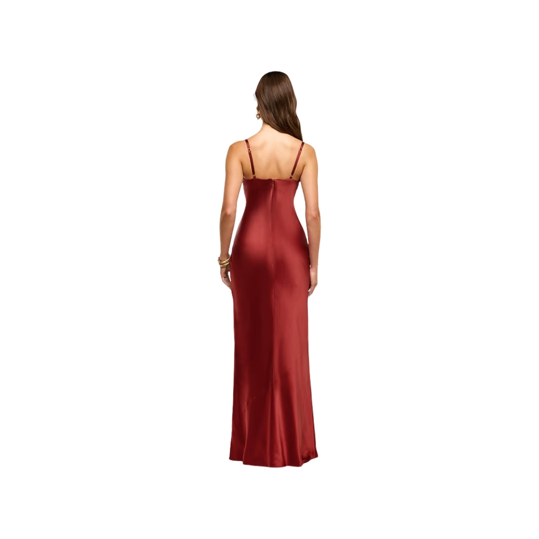 Sayla Bias Cut Maxi Silk Gown in Carmine