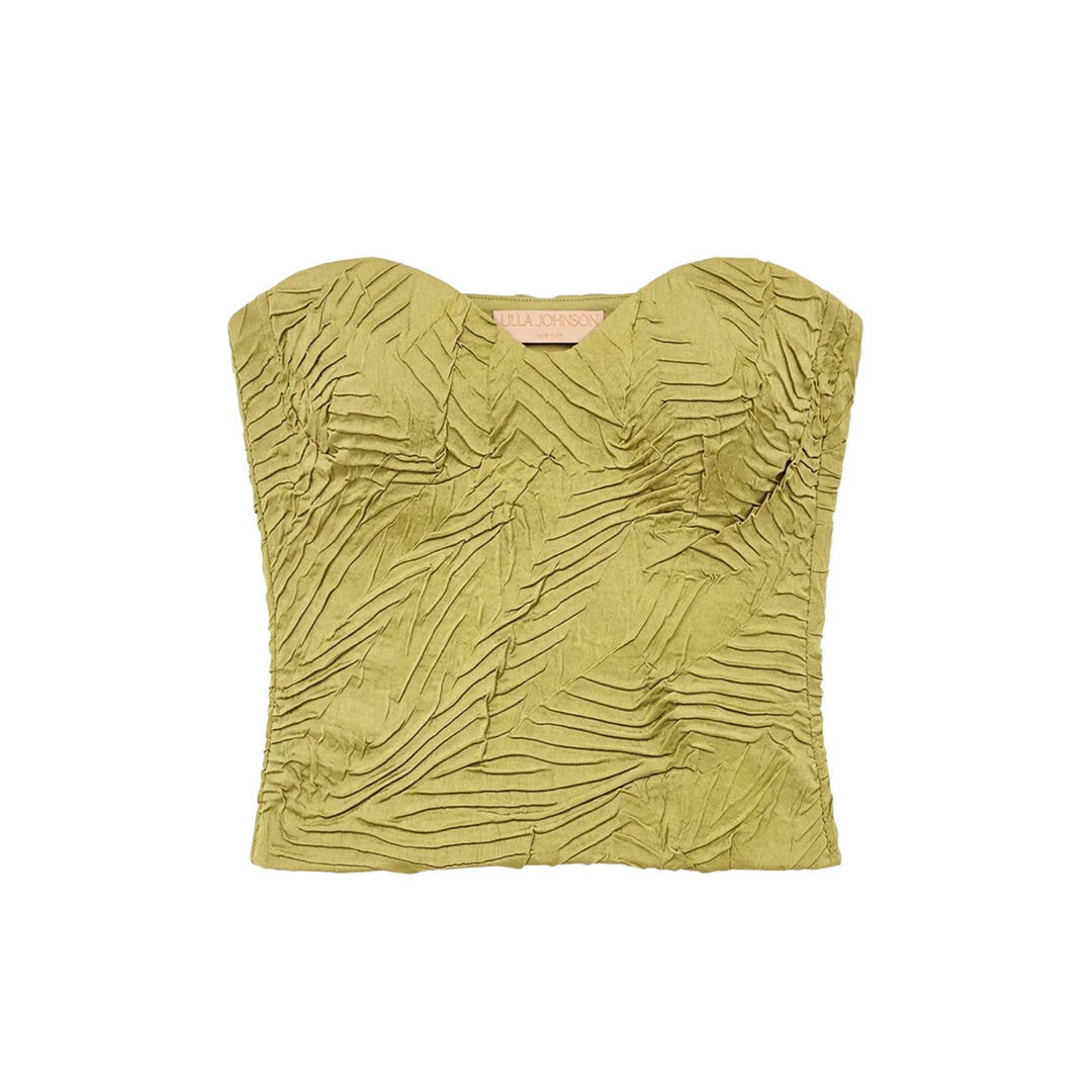 Heleen Satin Cropped Bustier Top in Moss Gold