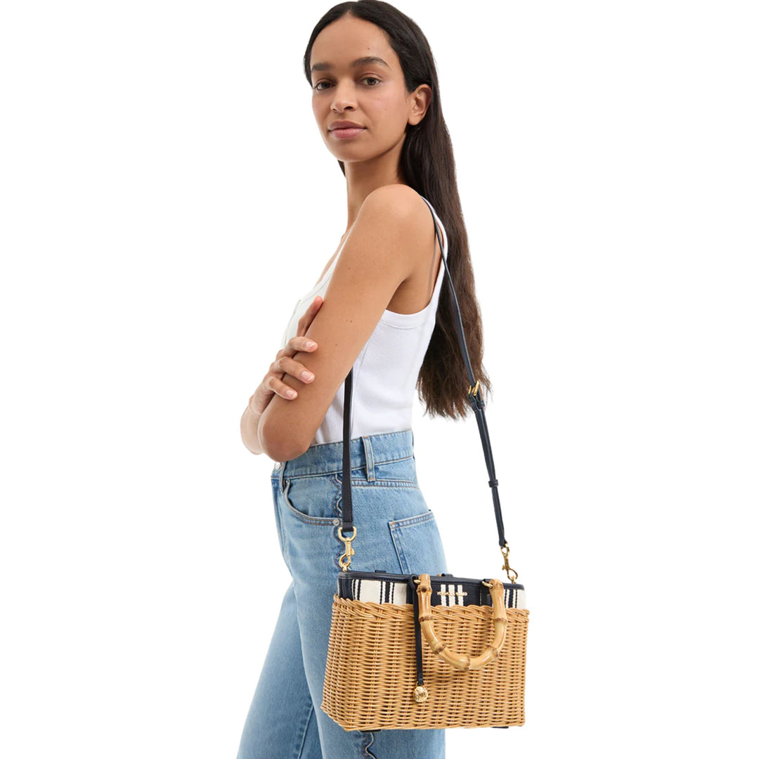 Stripe Canvas Wicker Porto Bag-Nat. Wicker/Navy Stripe